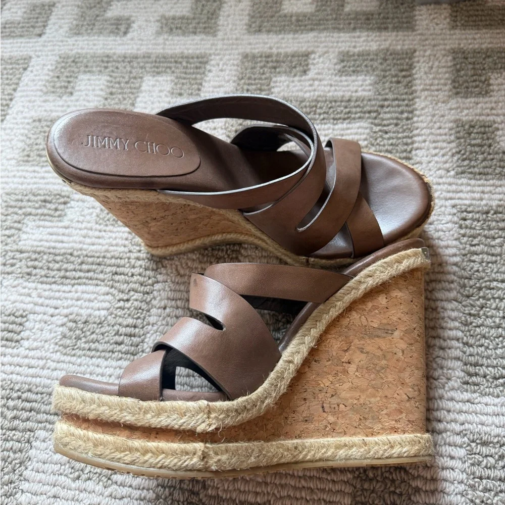Jimmy Choo Taupe Crisscross Wedge Espadrille Slides